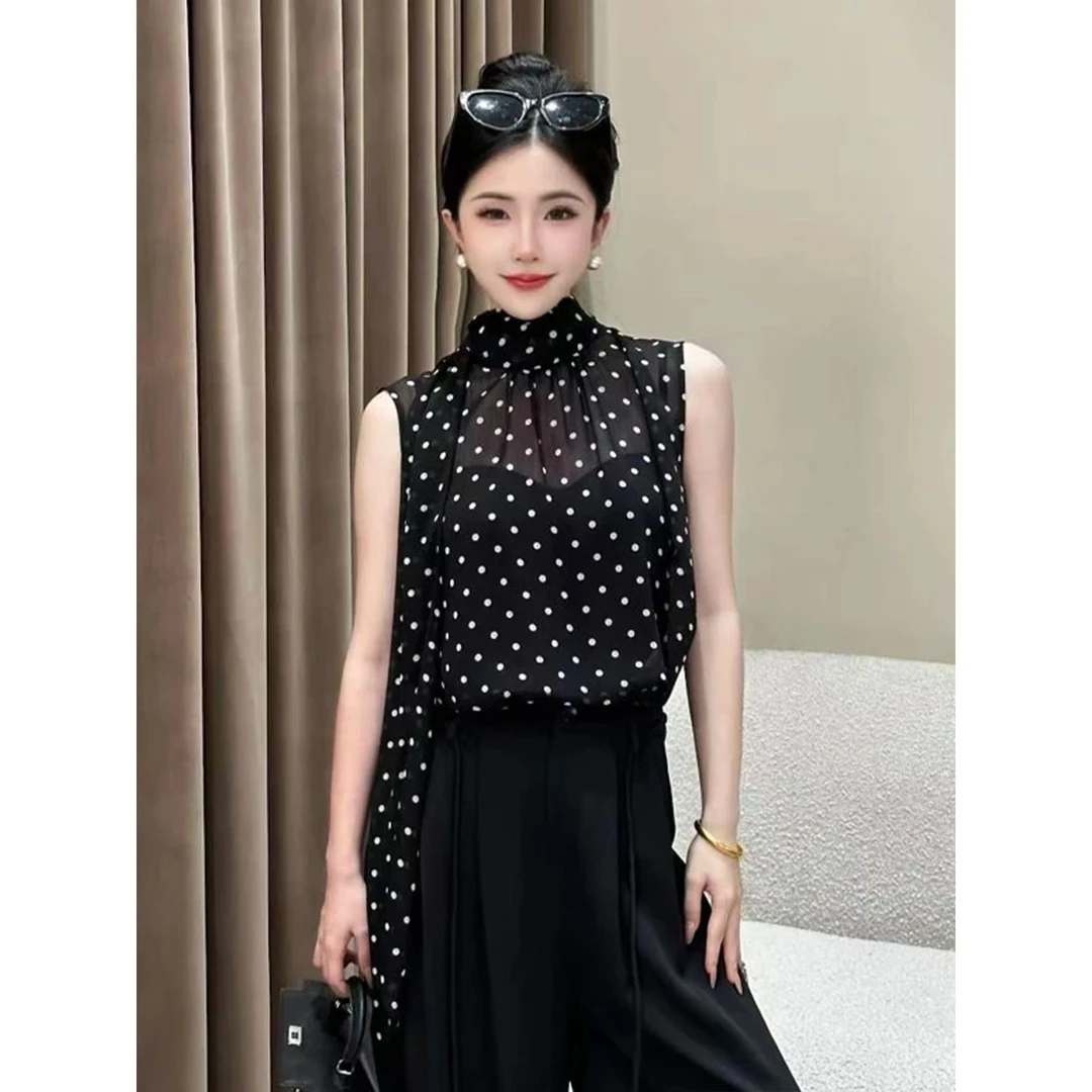 【回忆波点】法式高级感飘带立领无袖衬衫女夏季新款设计感上衣小衫