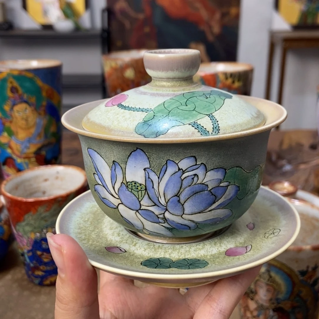 两****社手工绘画荷花盖碗