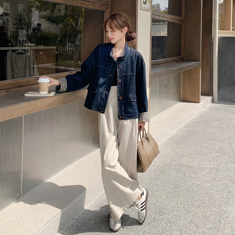 格纹袖口明线牛仔外套女2025秋季新款小个子休闲气质宽松爆款夹克