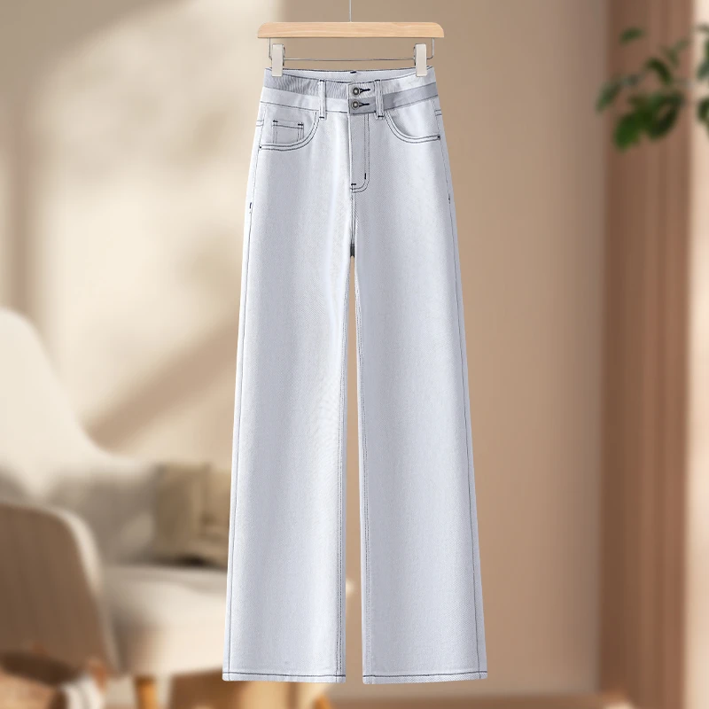 莫兰迪灰窄版阔腿牛仔裤女2025春秋新款高腰显瘦百搭休闲直筒裤子