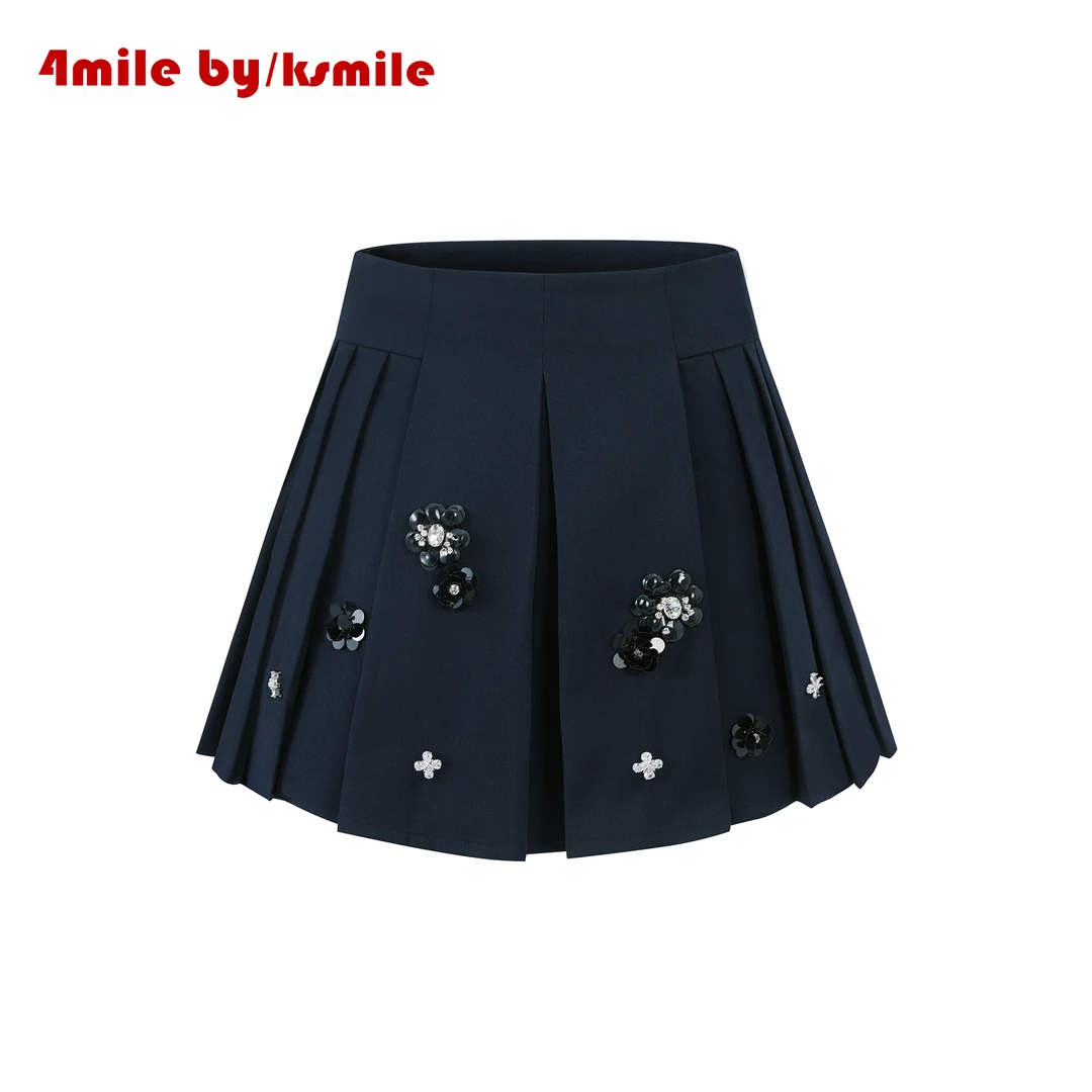 4MILE BY KSMILE | 暮色蓝亮片立体珠花半身裙学院风夏季JK短裙