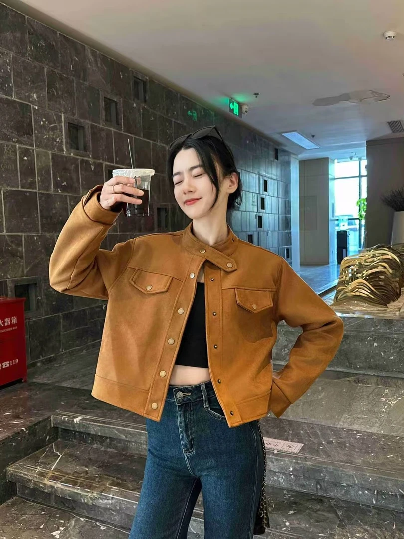 短款设计长袖鹿皮绒小香风外套女秋新款小个子短款上衣