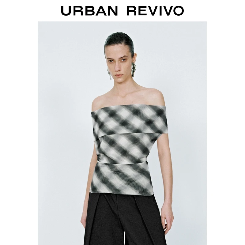 UR2025夏季新款女装复古设计感撞色格纹挂脖无袖T恤UWJ450104