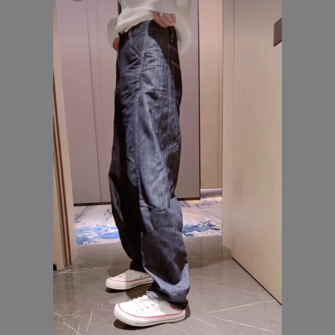 夏季薄款弯刀牛仔裤女高腰普洗蓝色弯刀牛仔长裤（57118）