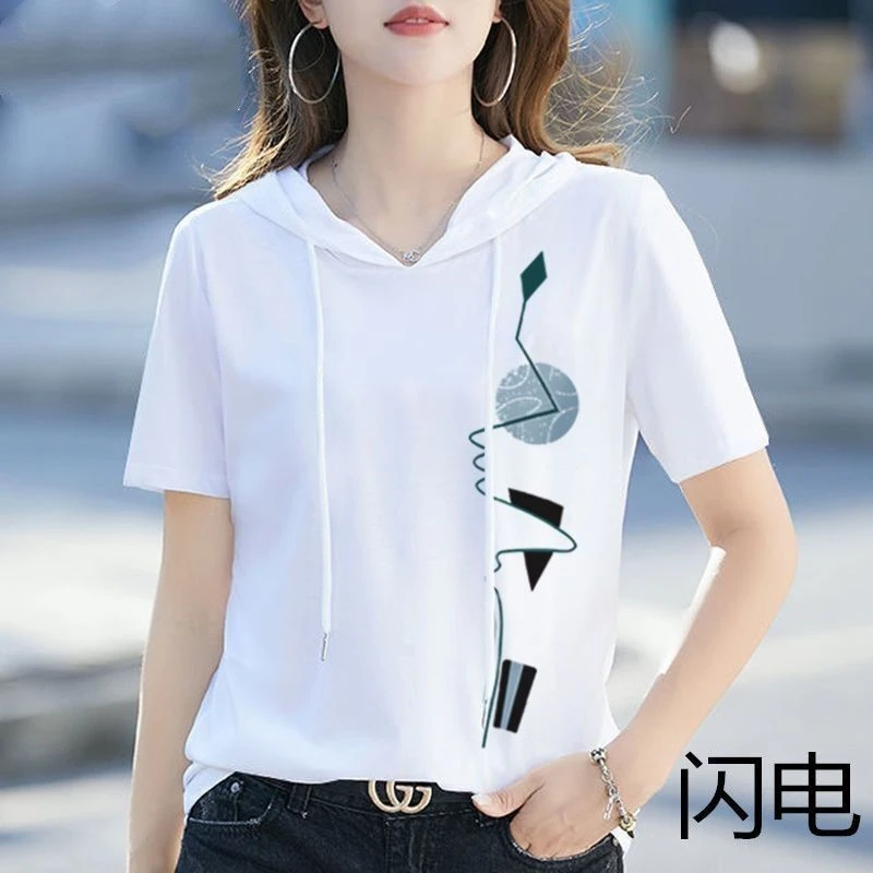 2025减龄棉质短袖t恤女春夏季新款时尚宽松休闲上衣连帽打底衫