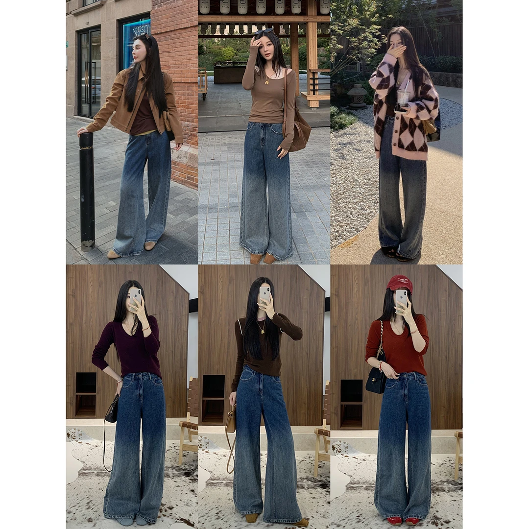 徐琳「画报牛仔」廓形高腰渐变水洗蓝阔腿裤牛仔裤 x250331