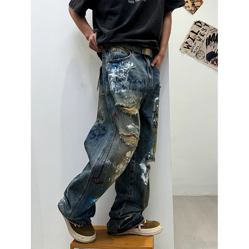 夏季新款美式街头涂鸦破洞彩绘牛仔裤男直筒宽松阔腿潮牌痞帅