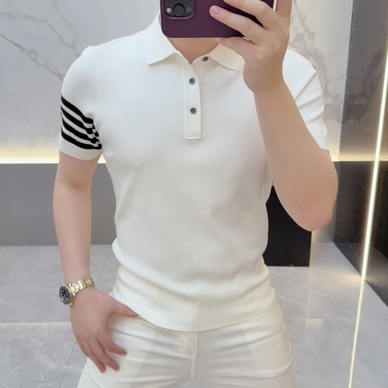 2025欧货轻奢男士针织冰丝短袖T恤条纹时尚百搭夏季半袖polo衫潮