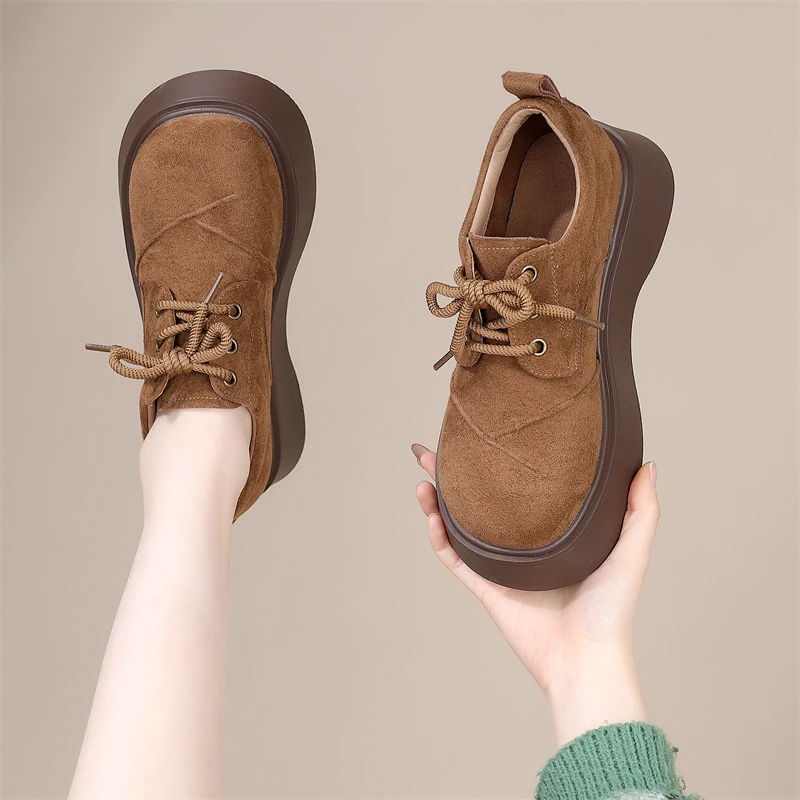 爆款厚底松糕底时尚乐福鞋女2025新款春季方头系带单鞋百搭女鞋