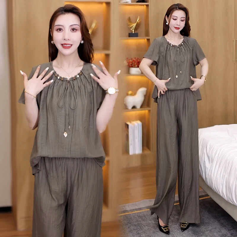 时尚套装女2025夏季新款洋气质宽松显瘦短袖上衣休闲阔腿裤两件套