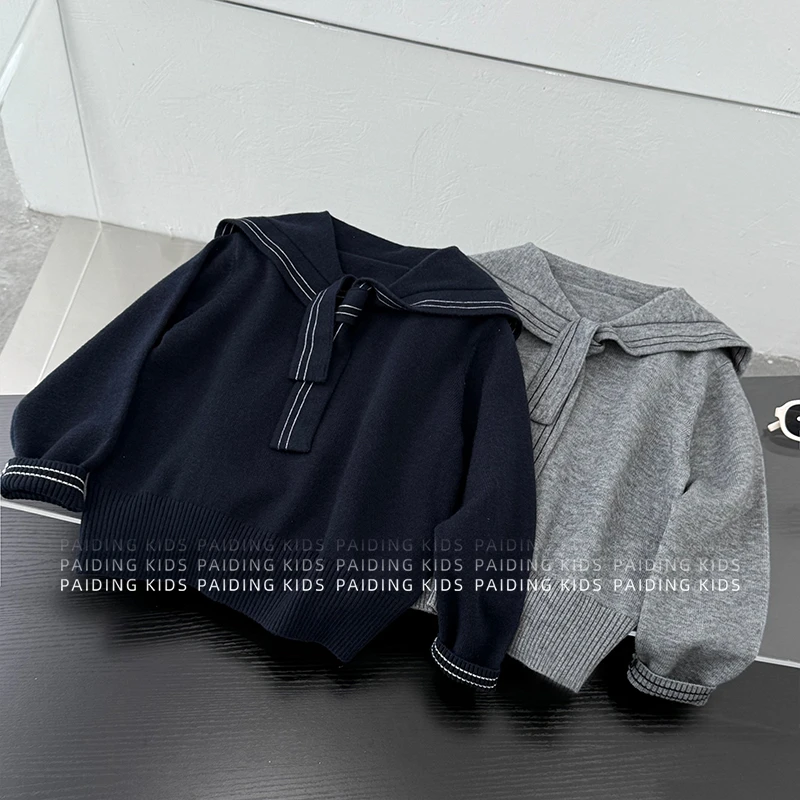 【小首尔】秋装男女童韩版时尚撞色休闲针织海军领套头毛衣SJ6105