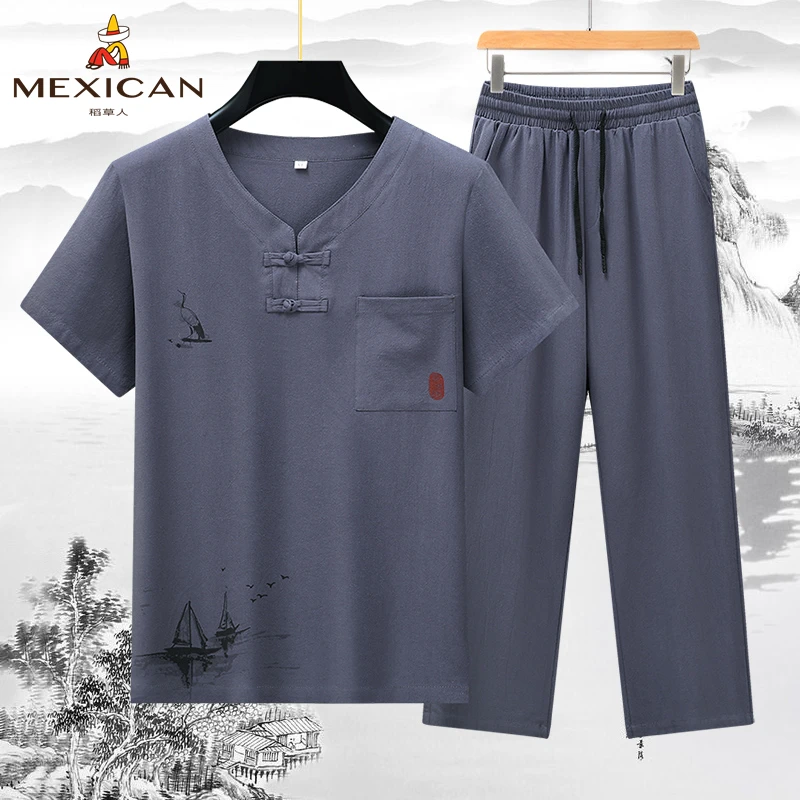 Mexican/稻草人夏季纯棉父亲节套装男中老年休闲爸爸装短袖夏