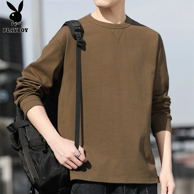 花花公子纯棉长袖t恤男士秋季纯色上衣服宽松休闲圆领打底衫男