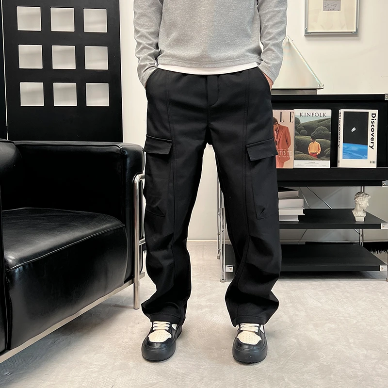 2025秋冬加绒加厚弯刀多口袋工装裤男美式潮牌宽松掐褶休闲长裤子