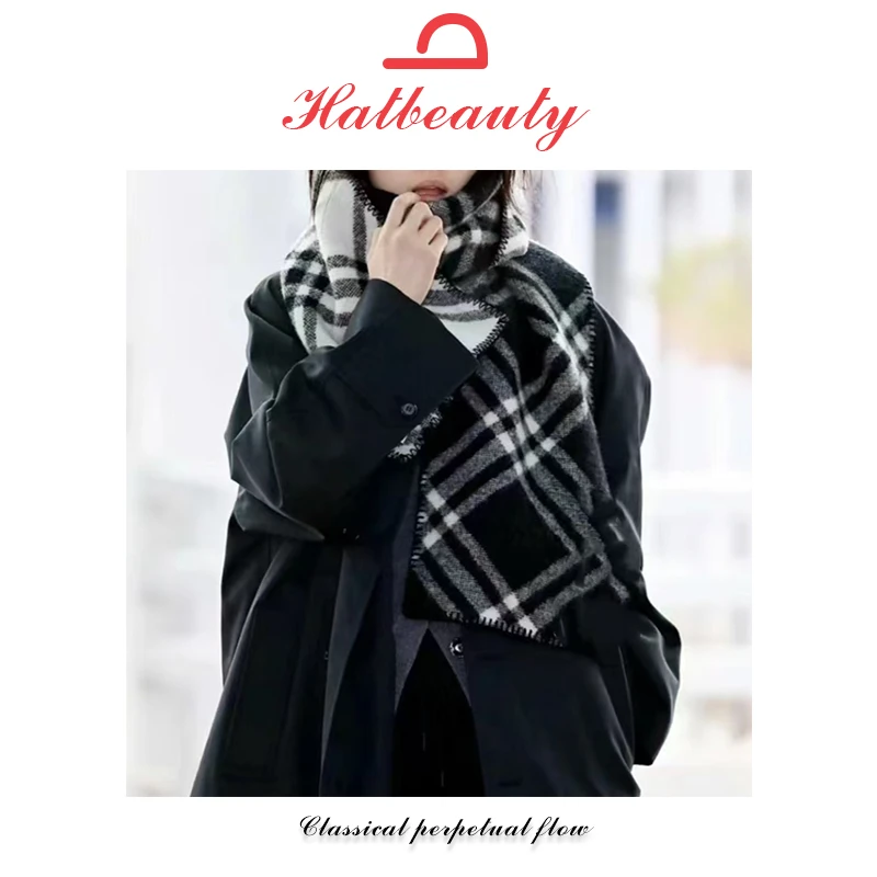2024新款全智贤同款黑白格围巾女秋冬季高级感羊毛韩版百搭围脖潮