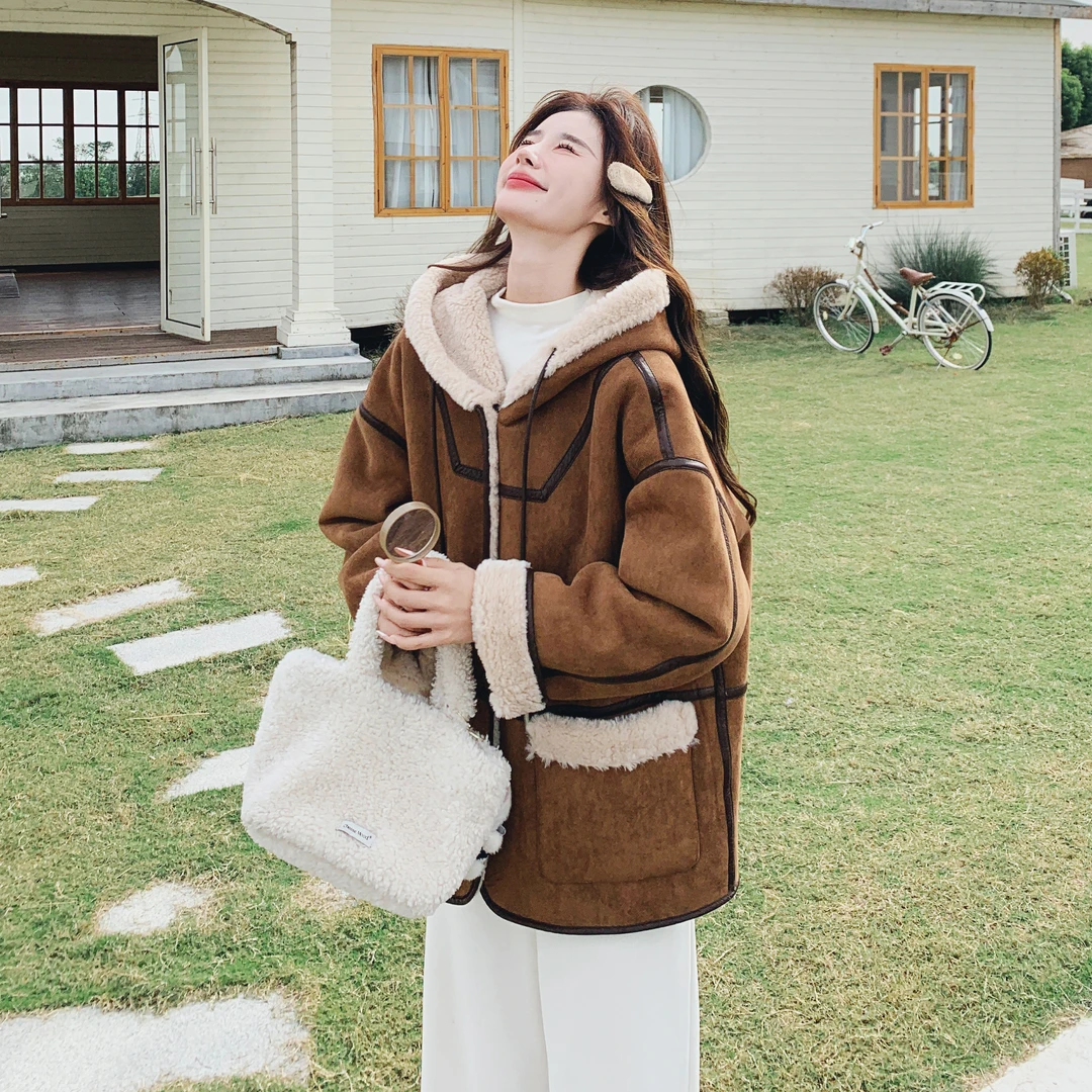 复古美拉德连帽皮毛一体外套女2025冬季新款小个子麂皮绒短款棉服