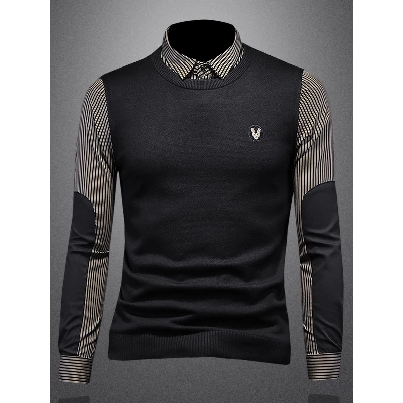 假两件衬衫男士长袖2025秋冬季新款潮流修身时尚条纹针织打底衬衣