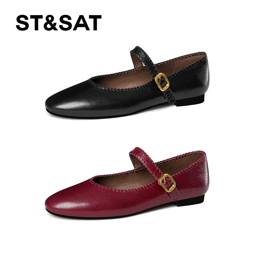 St&Sat/星期六休闲百搭时尚玛丽珍鞋粗跟皮带装饰圆头单鞋浅口