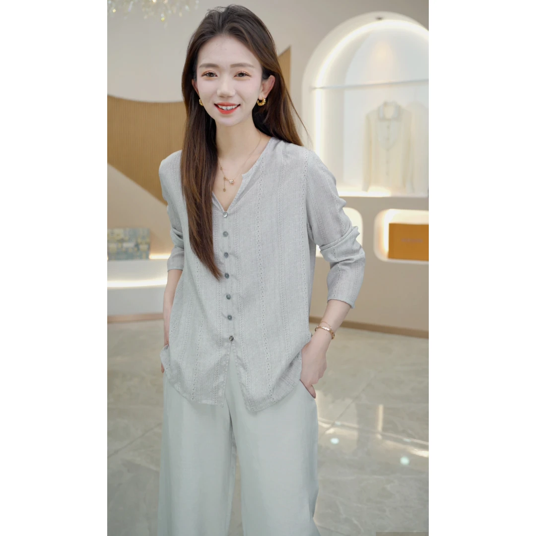 R H 【素颜】定制色设计感小众休闲镂空条双绉衬衫10031