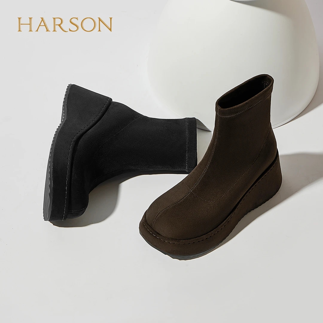 Harson/哈森秋季短靴厚底防滑百搭套筒圆头舒适弹力靴HWA250159