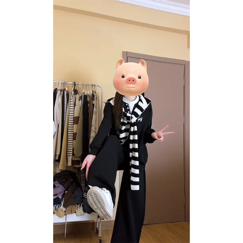 parkyeon韩系设计感拼接假两件卫衣慵懒风宽松显瘦阔腿休闲裤套装