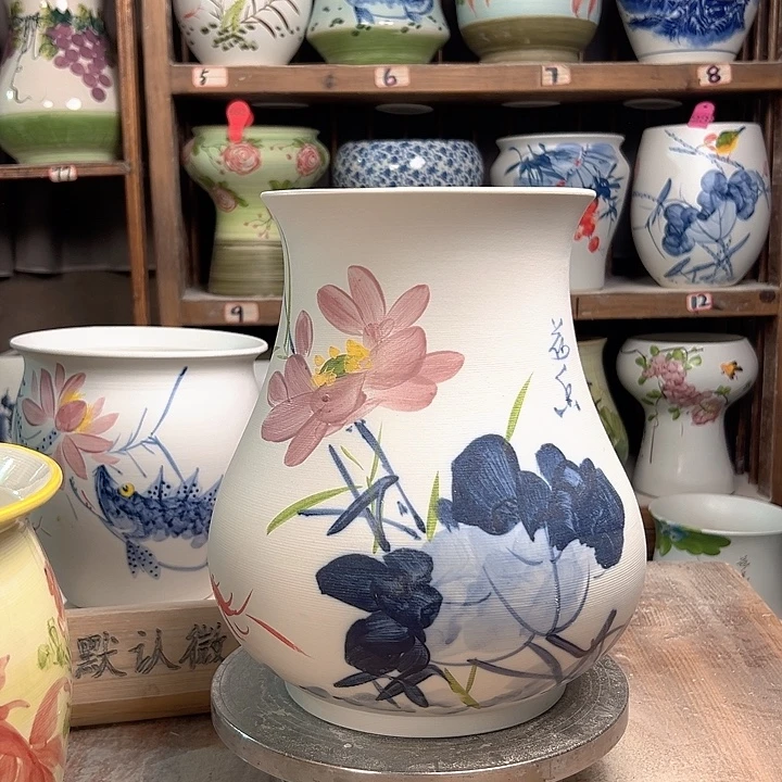 陶鱼尾高27青花荷花哑光