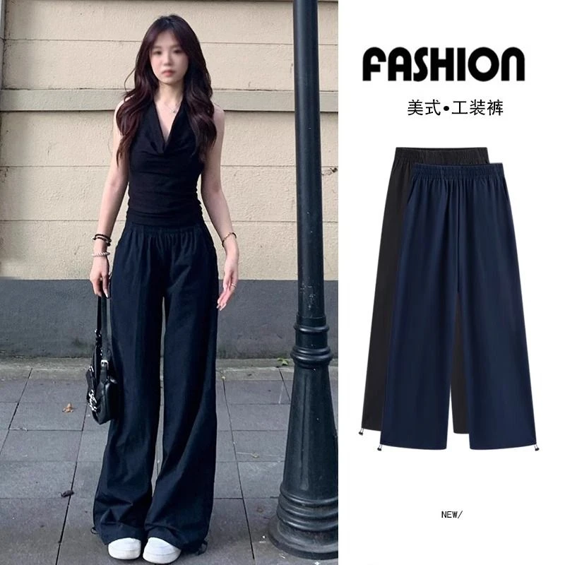 藏青色工装裤子女春夏2025新款高腰垂感显瘦阔腿裤休闲直筒运动裤