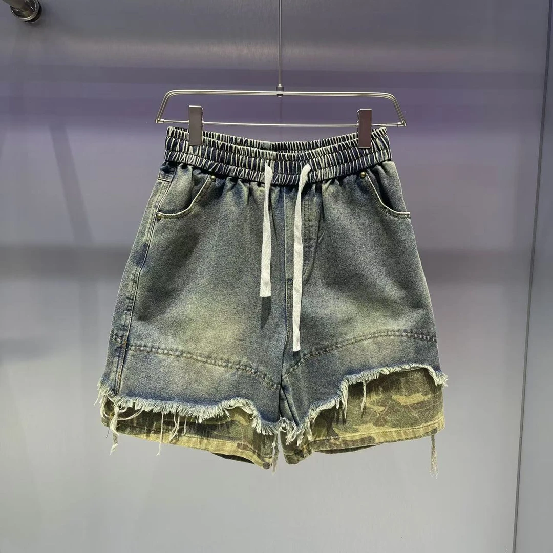 美式复古个性水洗牛仔拼接迷彩夏季宽松工装短裤-DK2506