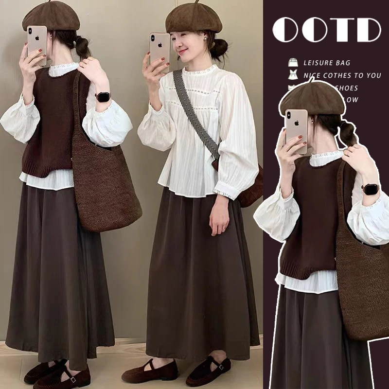 秋季孕妇装时髦洋气秋冬轻奢高级感马甲衬衫半身裙孕期穿搭孕妇