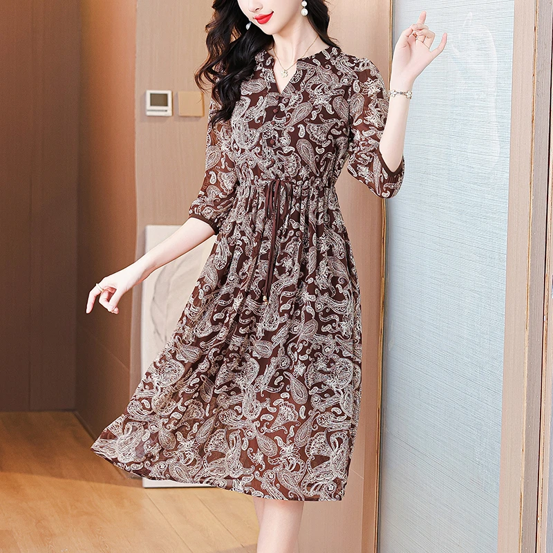 （米兰往事）2025年蚕丝扎染印花高腰显高显瘦气质连衣裙