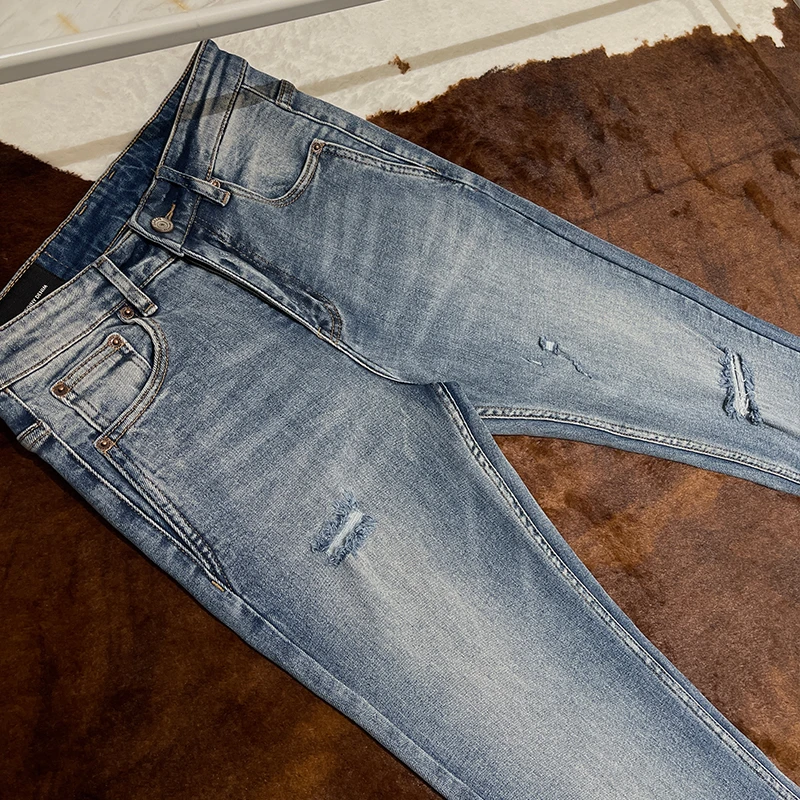 【MARSWTILL】破洞丨中腰丨蓝色丨直筒丨长裤丨修身丨牛仔裤男款