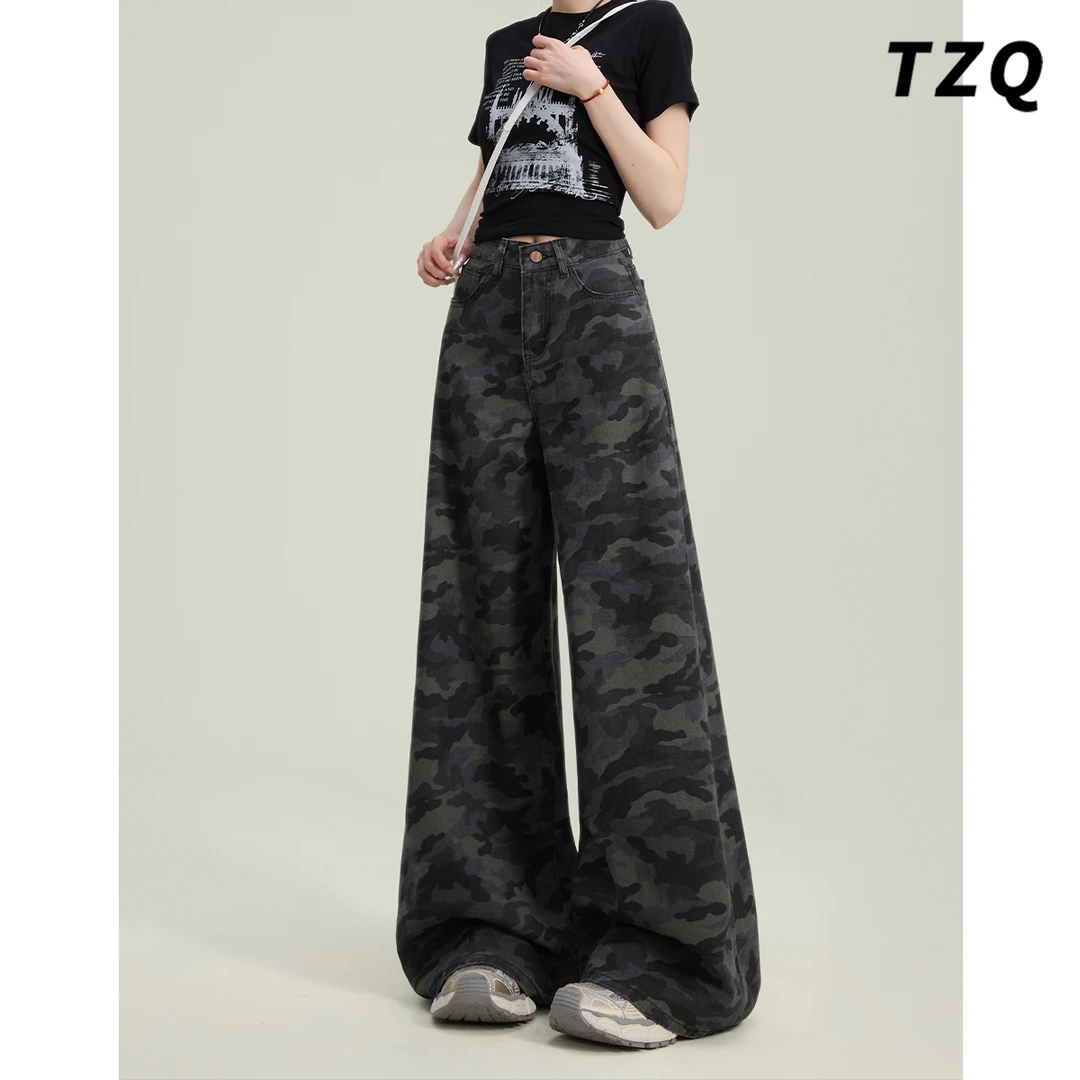 2025新款美式迷彩阔腿牛仔裤女宽松阔腿不贴腿拖地长裤TZQ2530351
