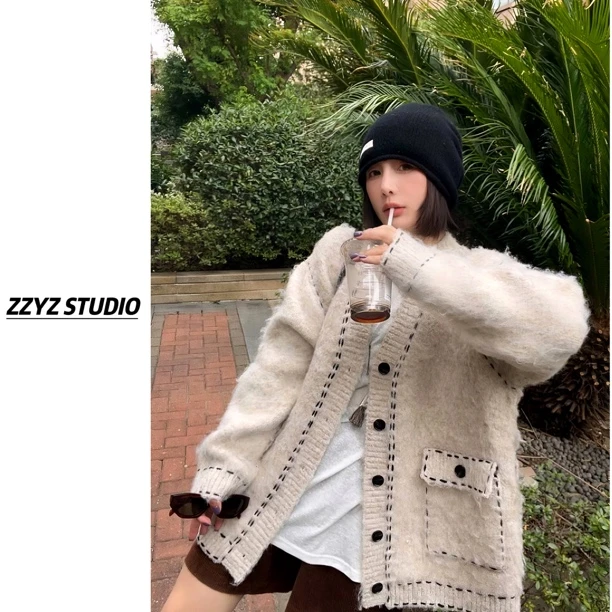 【ZZYZ】“可颂小调”手缝线开衫上衣宽松慵懒感舒适混纺针织外套毛衣