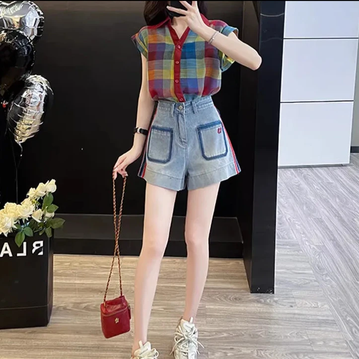 时尚彩虹格衬衫牛仔短裤套装女夏洋气减龄上衣设计感裤子两件套女