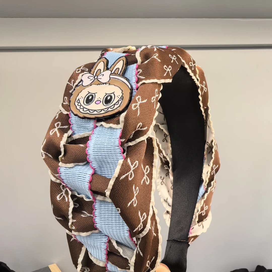 C227咖色蝴蝶结拼色卡通人物编织发箍