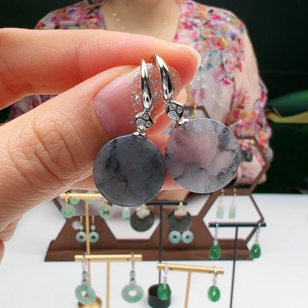 翡翠耳饰银S925镶嵌天然翡翠耳饰银s925镶嵌