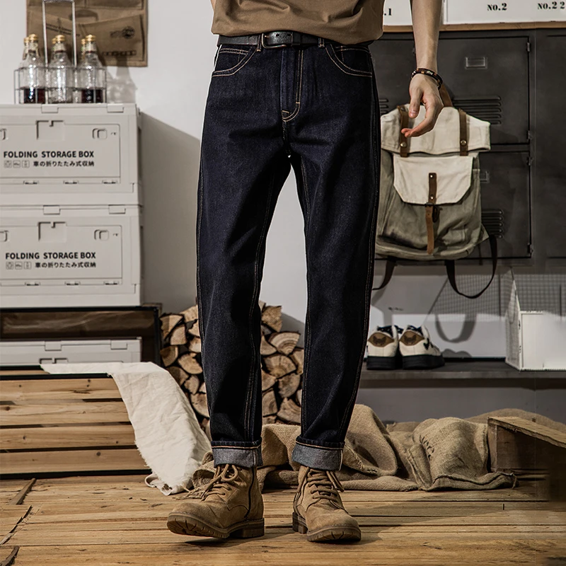 春秋季新款日系复古特深蓝色赤耳丹宁牛仔裤男锥形小脚休闲长裤子