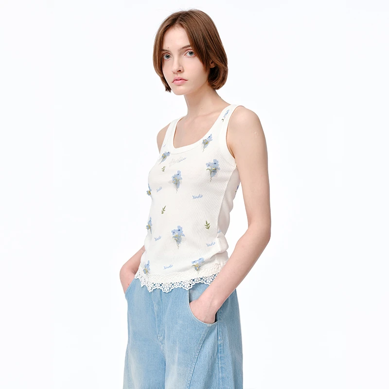 河岸家买手店设计师XIAOLI筱李白色蓝碎花运动针织背心女25春新款