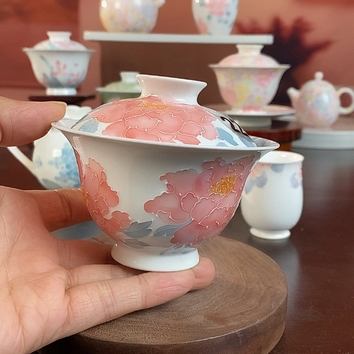 2才牡丹盖碗釉下手绘高温