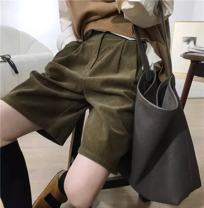 纯色高腰短裤秋冬加绒灯芯靴裤五分裤网红韩版裤子松紧腰大码短裤