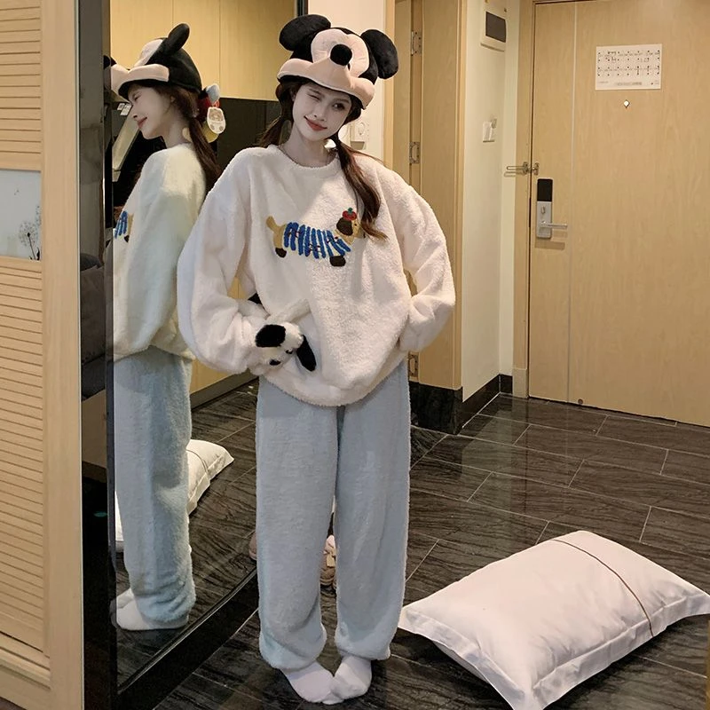 睡衣女秋冬季珊瑚绒加厚保暖甜美可爱加绒法兰绒保暖可外穿家居服