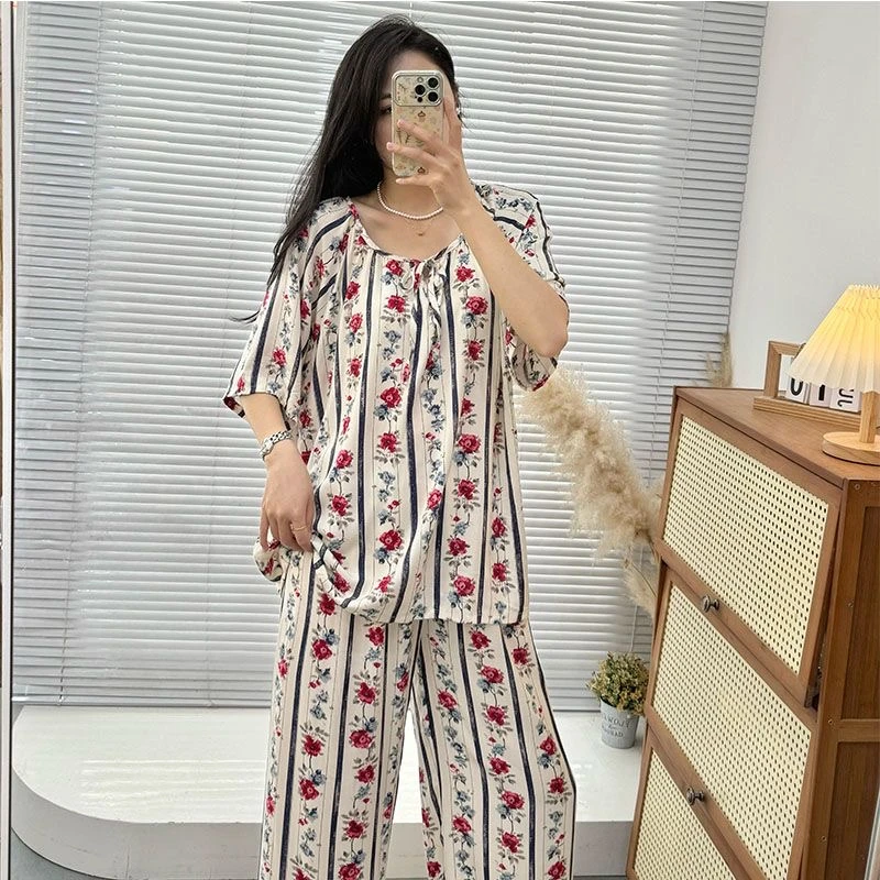 棉绸睡衣家居服套装短袖长裤夏季常规款成人圆领九分裤薄款宽松