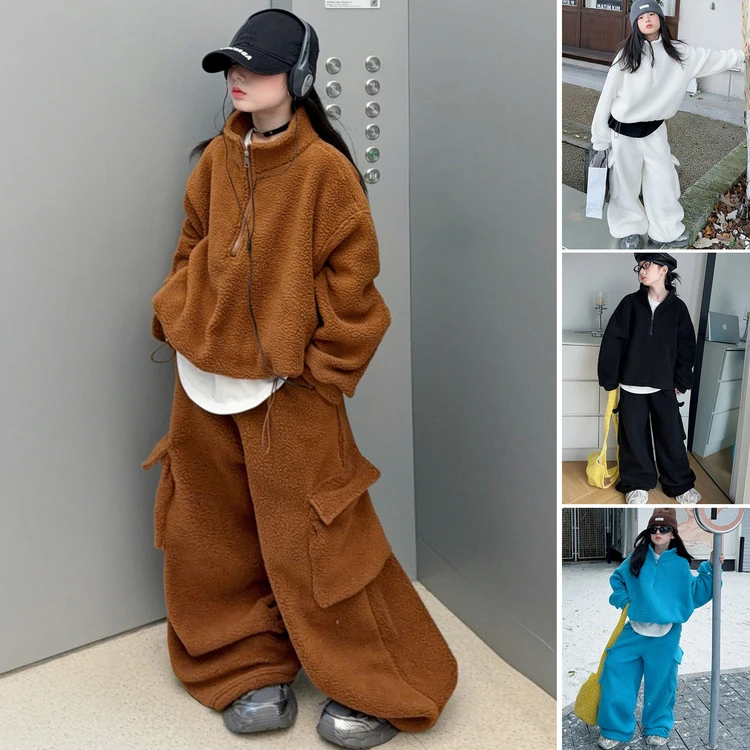 女童冬季加绒加厚套装2025新款中大童休闲摇粒绒家居服外穿保暖潮