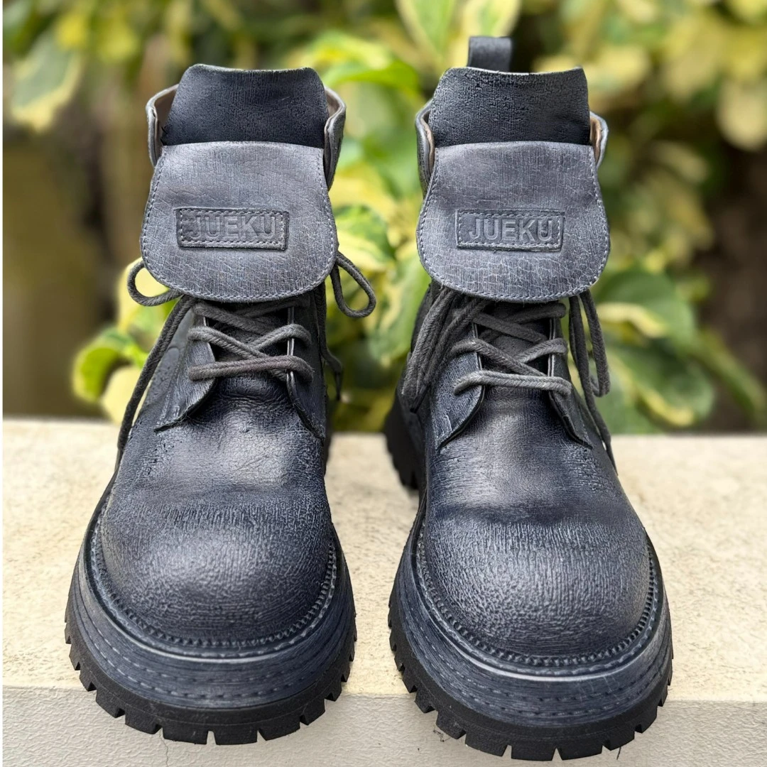 力SF原创纯手工潮鞋意大利复古水洗马皮百搭深海蓝马丁靴男女同款