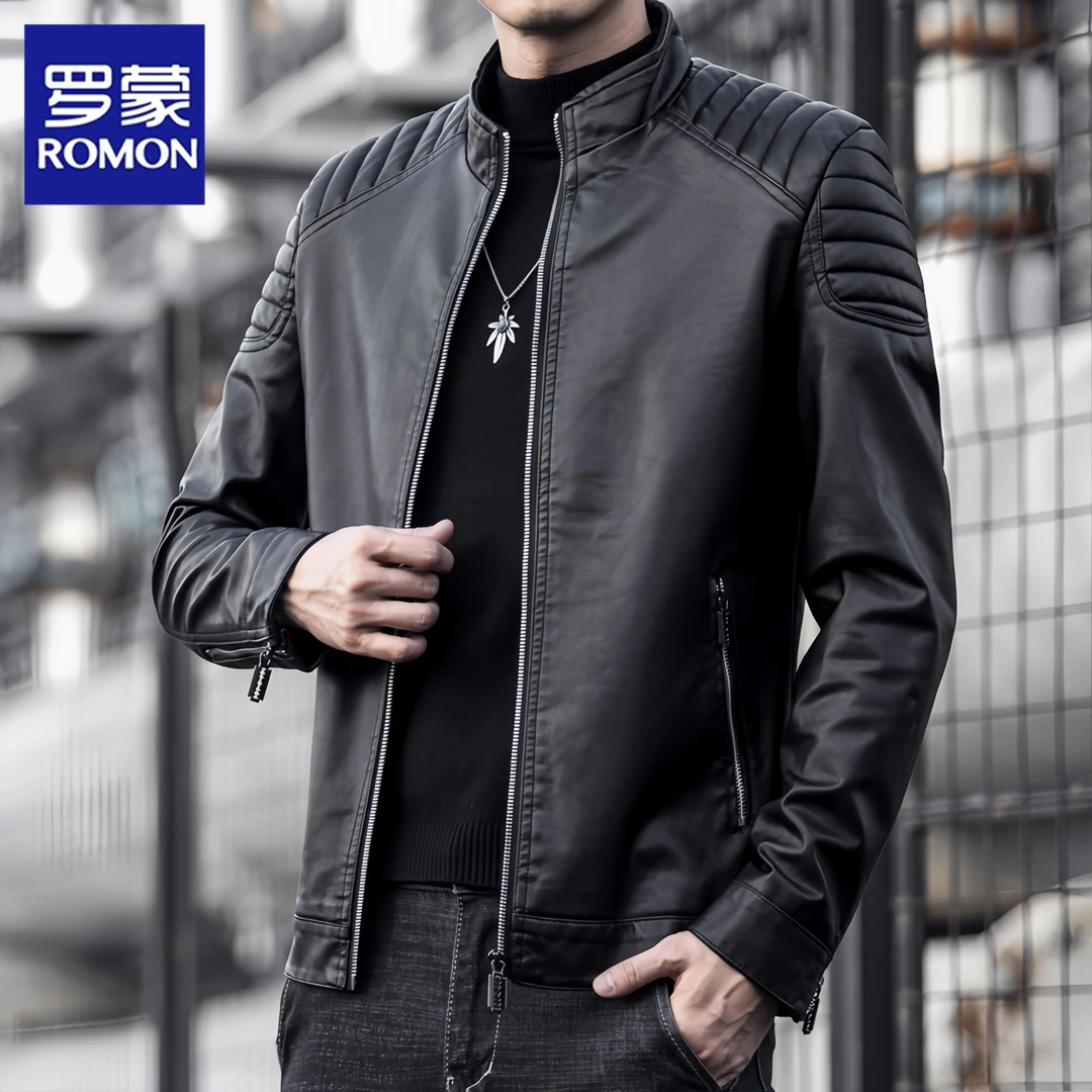 Romon/罗蒙春秋休闲皮衣男士韩版修身潮牌立领皮夹克帅气机车外套