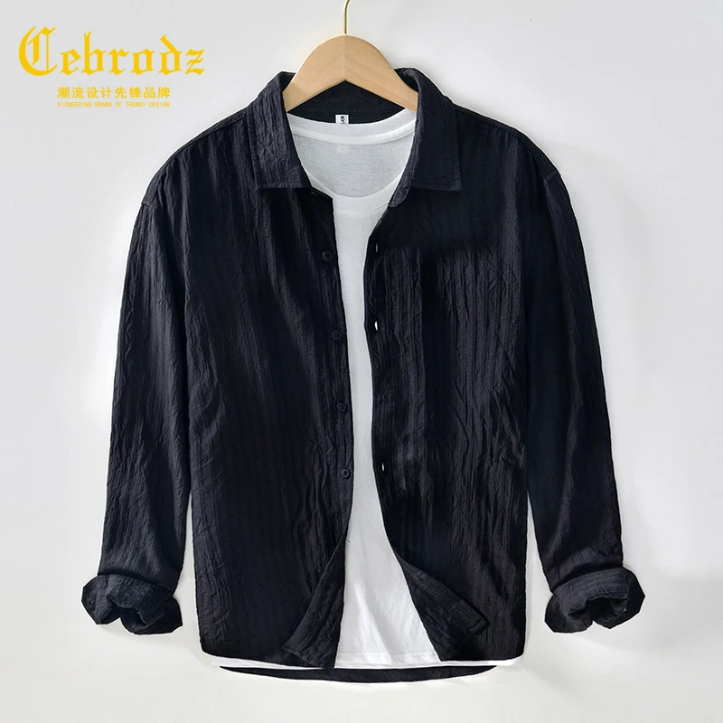 法国Cebrodz夏季男士冰丝衬衫长袖宽松基础纯色百搭薄款防晒衬衣