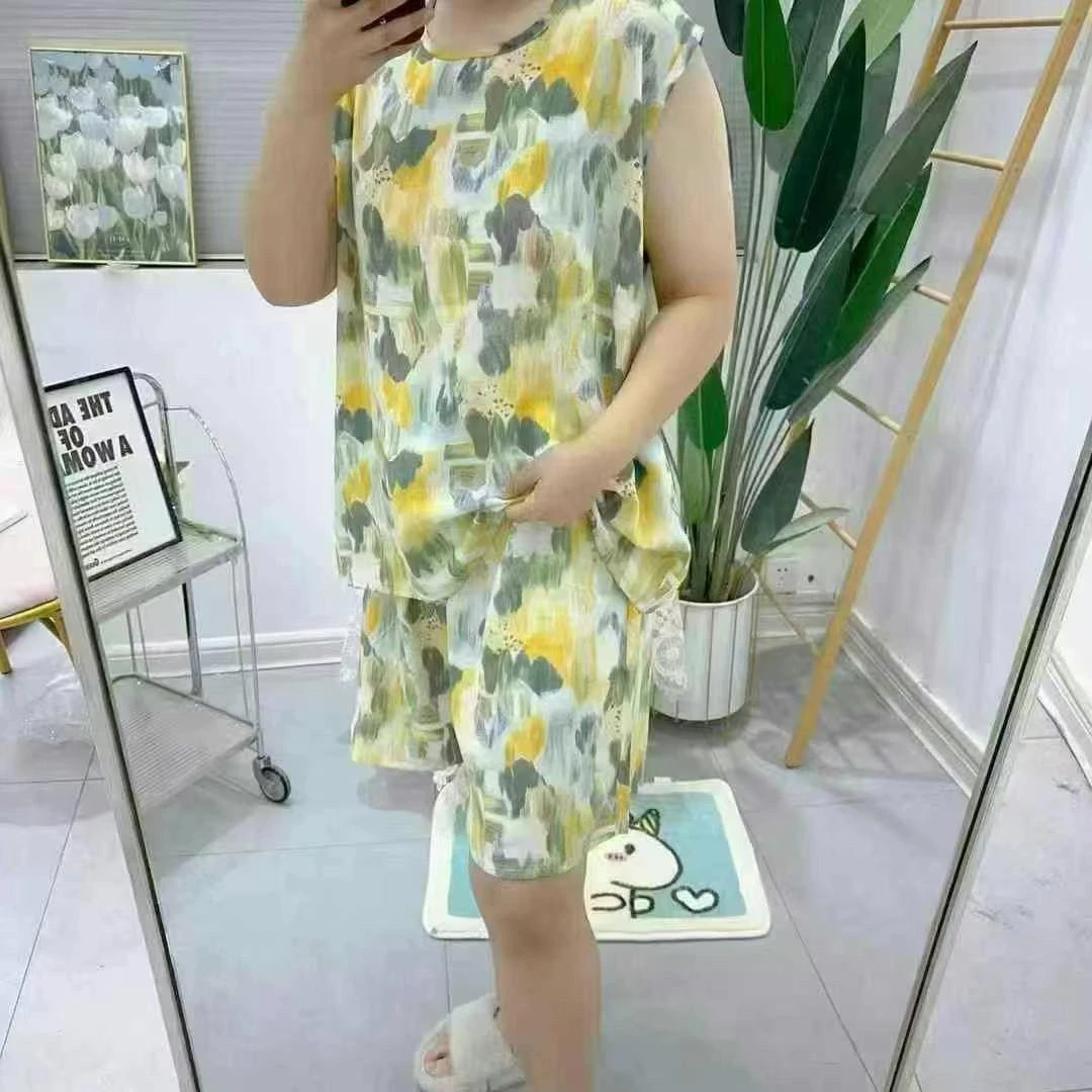 女士夏季防走光棉绸无袖短裤睡衣套装可外穿大码舒适