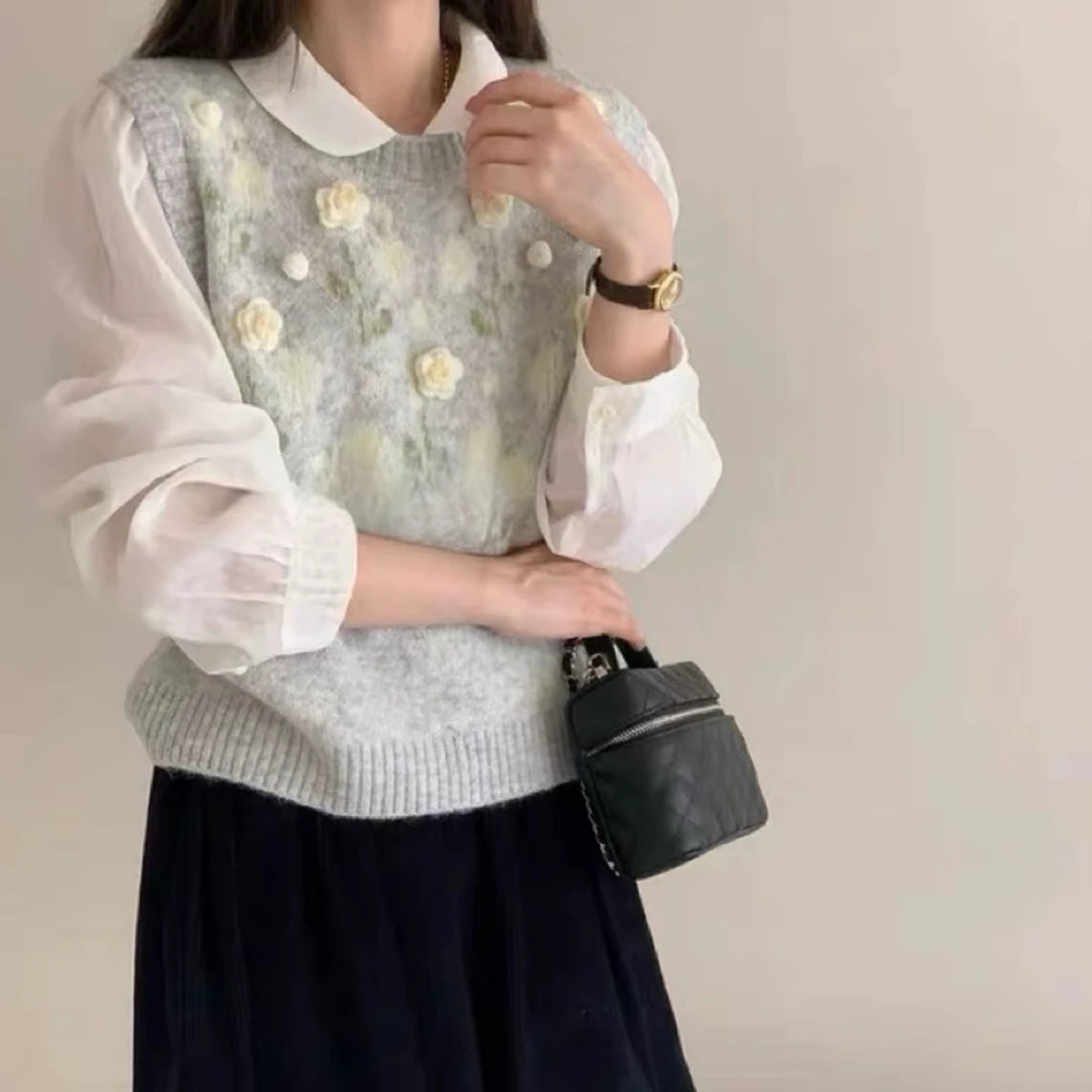 小香风毛针织马甲立体花朵针织提花圆领马甲上衣气质厚款套头款