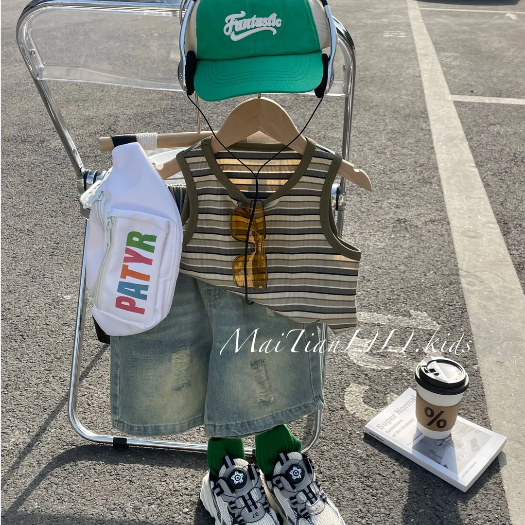 2025男童春夏新款童装韩版条纹针织圆领儿童背心上衣