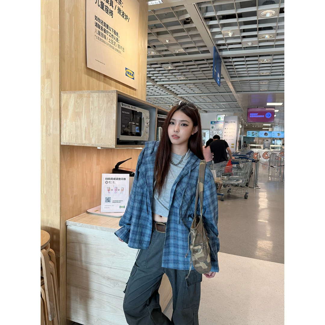 CBL菜不辣美式复古男女宽松休闲格子连帽长袖衬衫外套春秋开衫